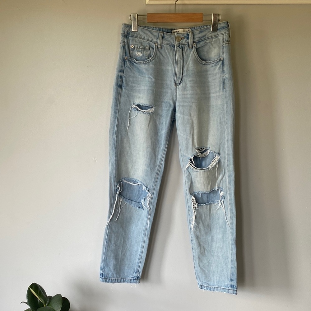 Garage distressed light wash high rise jeans